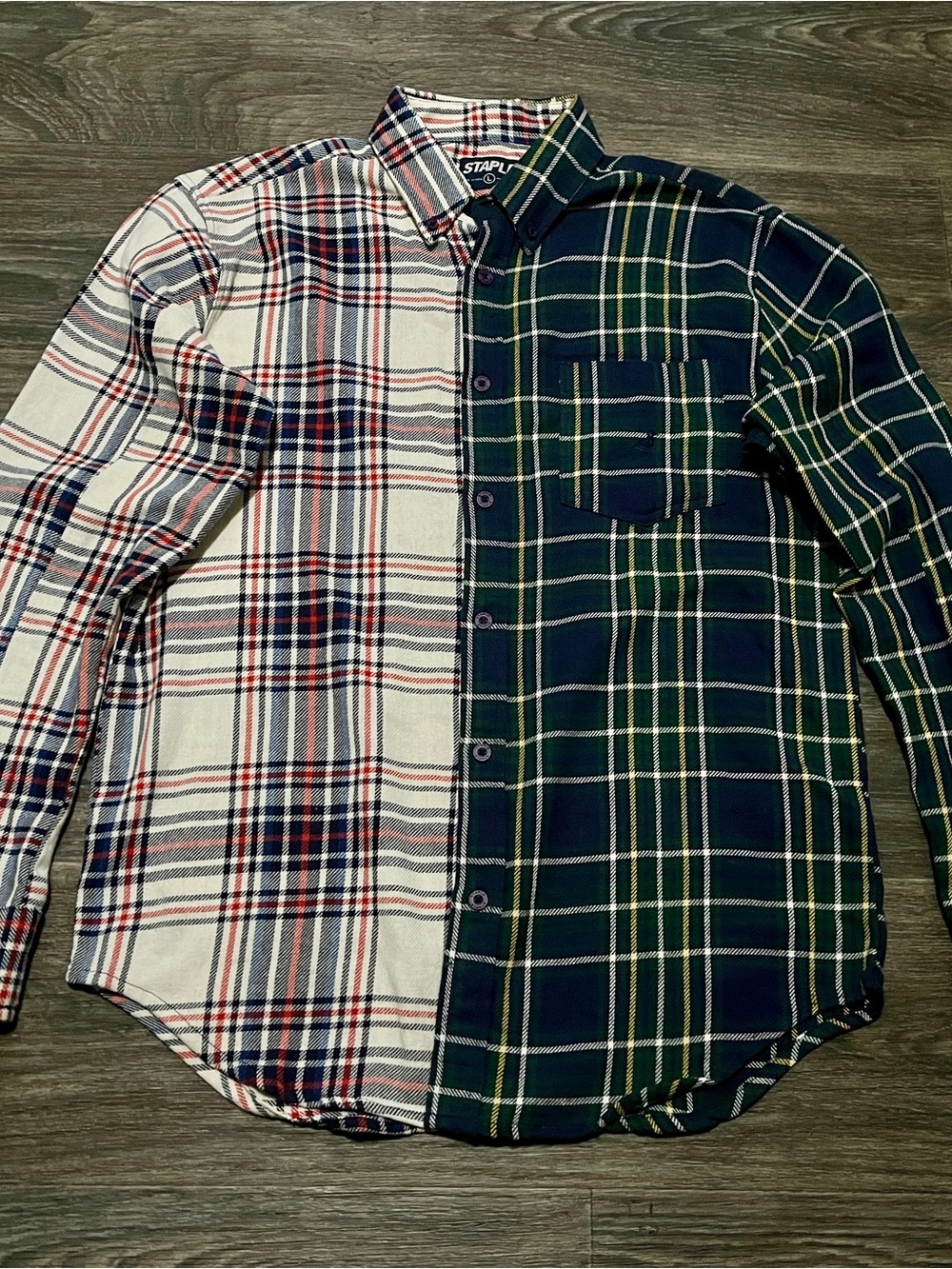 Staple Split Plaid Button-Down Shirt - Navy, White & Green